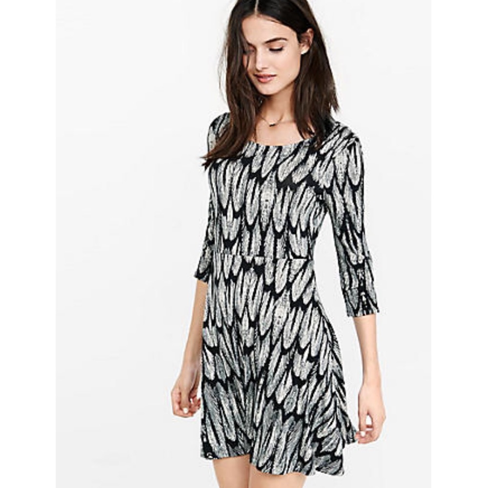 Express Feather Print Scoop Back Skater Dress